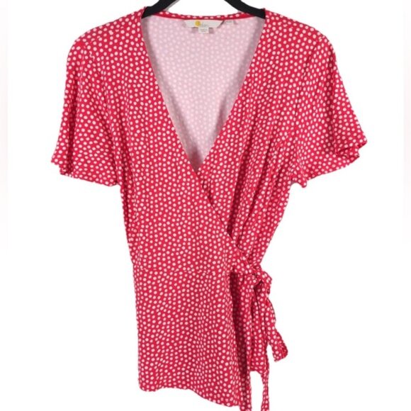 Boden Viscose Blend Wrap‎ Tie V Neck Short Sleeve Top Polka Dot J0664 Size 8P - Picture 1 of 9